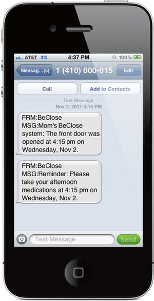 The BeClose system sends alerts to smart phones.