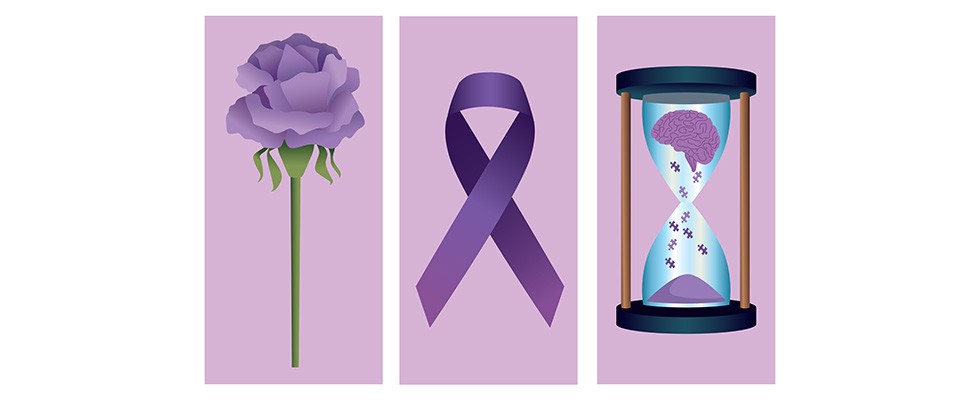 three images. One shows a purple rose, the second shows a purple ribbon, and the third shows a purple brain in an hourglass with puzzle piece sand