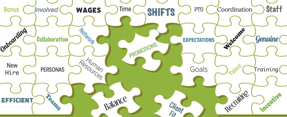 Graphic of a puzzle with different words on each piece including: bonus, onboarding, new hire, efficient, involved, collaboration, personas, teams and more.