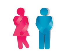 Two outline figures, one pink and one blue. The pink figure has on a dress and has one hand placed over their mouth and another over their bladder. The blue figure has both hand placed over their bladder. 