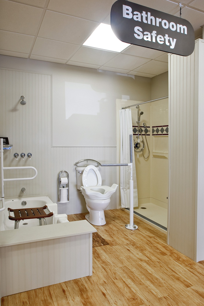 Premier Home Care’s showroom features a wide variety of bathroom safety products.