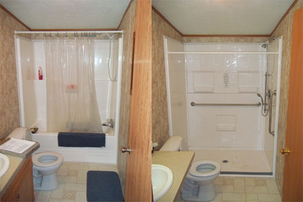 The installation of a roll-in shower (right) by Access to Independence has transformed the former unit (left) into a space that can be utilized by the homeowner.