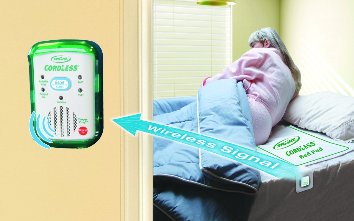 Smart Caregiver's CordLess Bed Sensor Pads communicate with the TL-2100G CordLess Fall Monitor using patented technology with both an audible and visual alert.