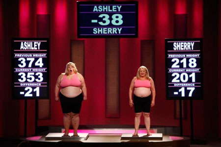 Ashley (left) and Sherry (right) Johnston during a weigh-in on season 9 of "The Biggest Loser." Courtesy of NBC/The Biggest Loser.