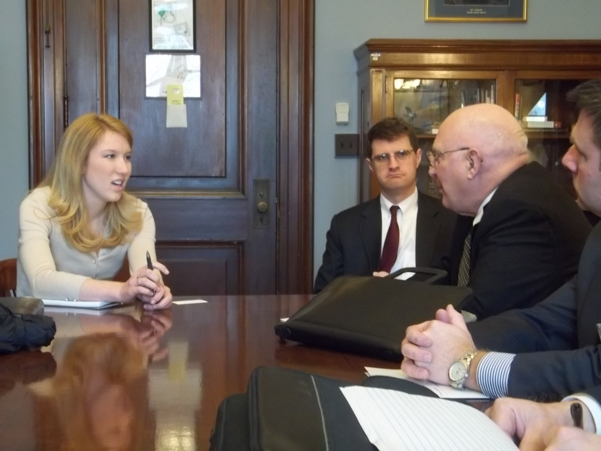 Michael Hamilton, executive director of the Alabama Durable Medical Equipment Association, talks with C. Paige Hallen, a budget analyst for Sen. Jeff Sessions, R-Ala.