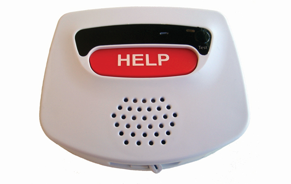 An emergency wall communicator is permanently mounted near a bed or tub and connects directly to an emergency operator.