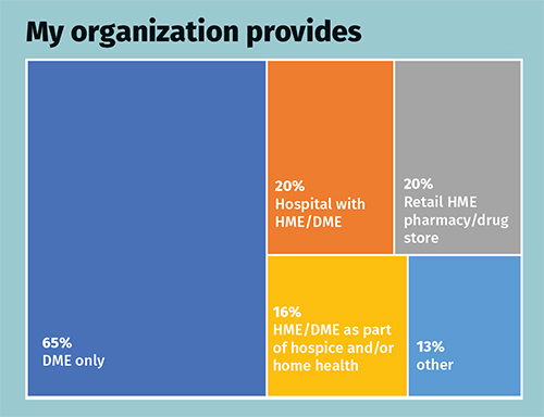 Chart for "My organization provides" DME only: 65%, Hospital with HME/DME: 20%, Retail HME pharmacy/drug store: 20%, Other: 13%