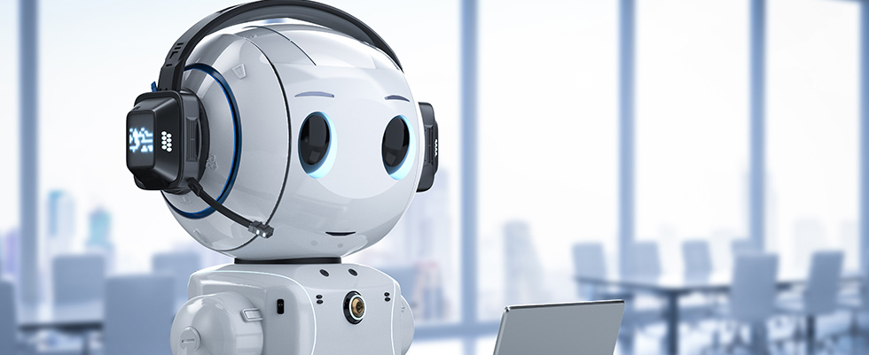 friendly robot wearing a headset as if in customer service