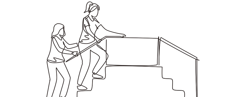 line drawing of two women. One woman is walking up a set of stairs for physical therapy.