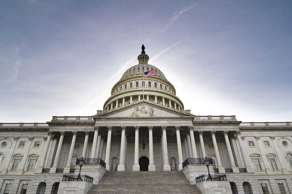 US Capitol Building and Flag against a blue sky