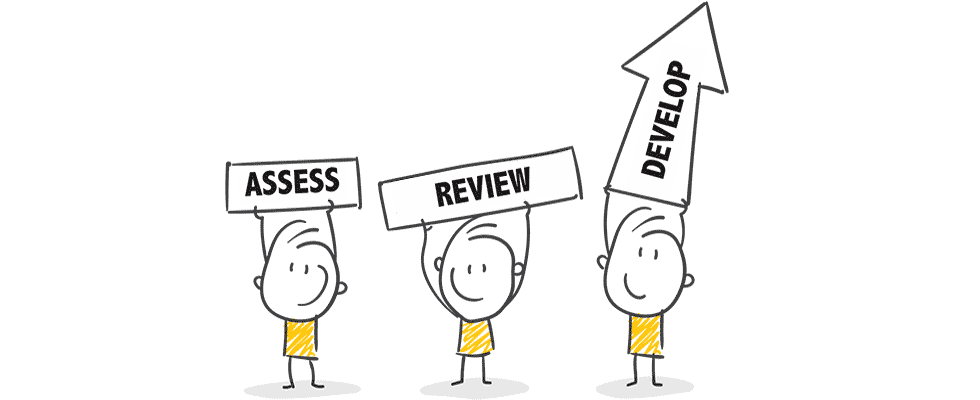 assess, review, develop