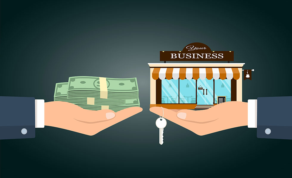 cartoon of hands paying another set of hands for a business