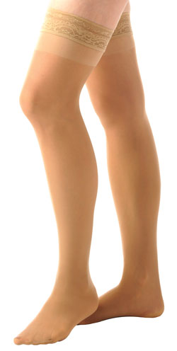 Sheer thigh-high compression hosiery from Alex Orthopedic.<br />
