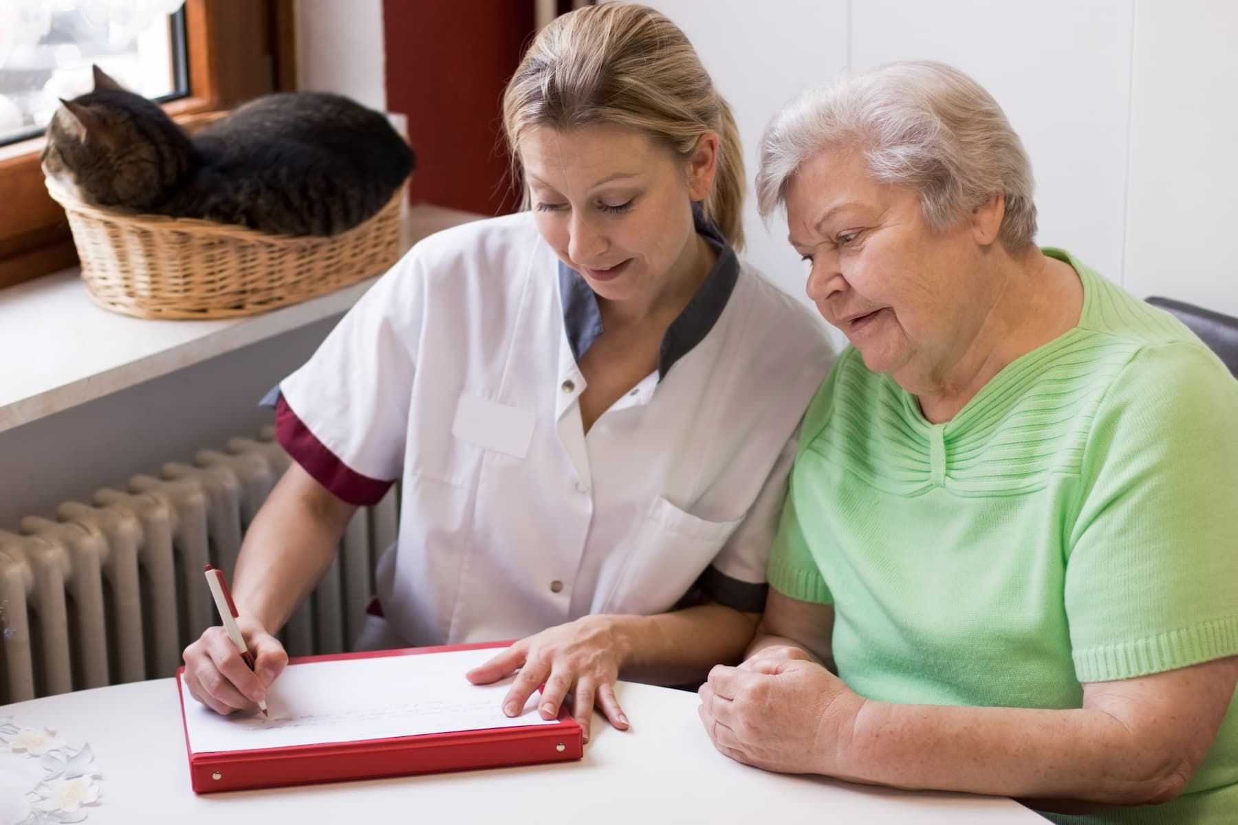 A young woman caregiver writes a note in a notebook while her older female patient watches from beside her.