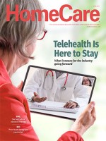 June 2021: Older white woman speaking with doctor on iPad. Headline says Telehealth is here to stay