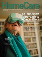 October cover of HomeCare Magazine with an elderly woman wearing virtual reality goggles
