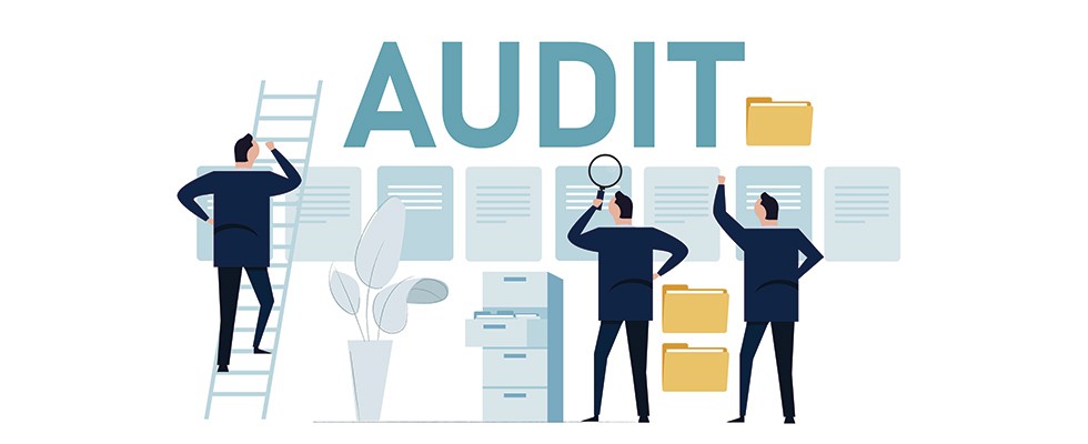 An illustration of three men performing audits with the word "Audit" above them