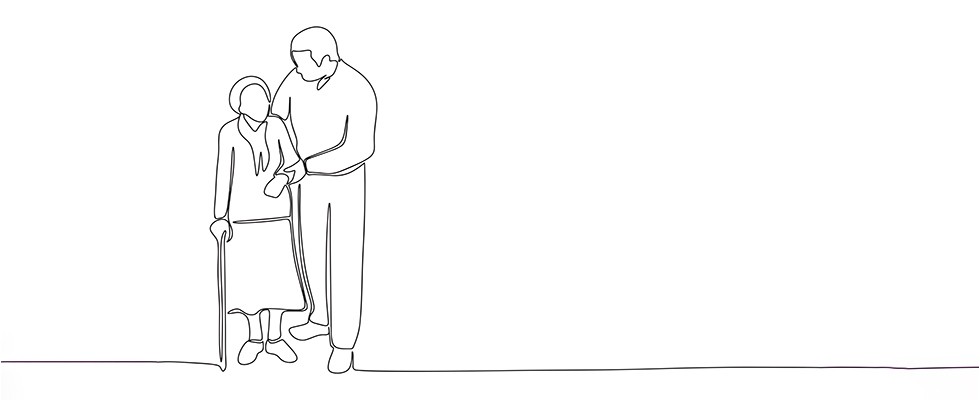 Single line illustration of an older woman being guided by a caregiver