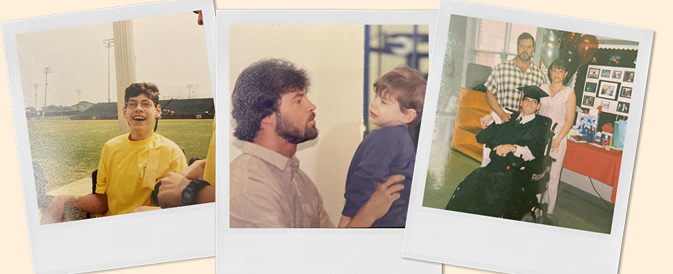 Three polaroids of Jacob Dugger at various ages with his parents
