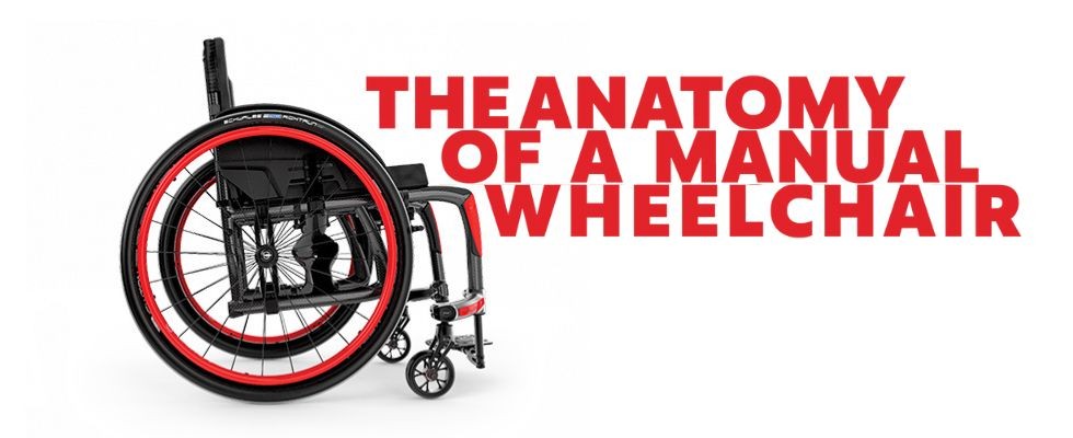 A wheelchair on a white background with red print next to it.