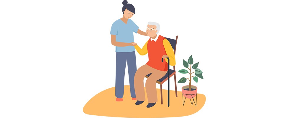 Illustration of a caregiver and older adult. The caregiver is helping the older adult, who is in a chair.