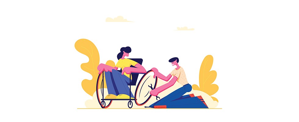 Illustration of two people, one in a wheelchair and another sitting on their knees with a wrench, fixing a wheel on the wheelchair. 