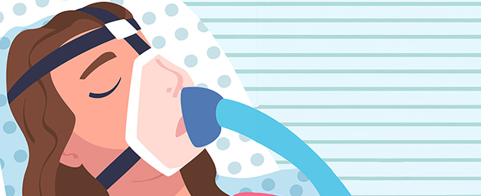 A cartoon graphic of a woman sleeping wearing a CPAP mask