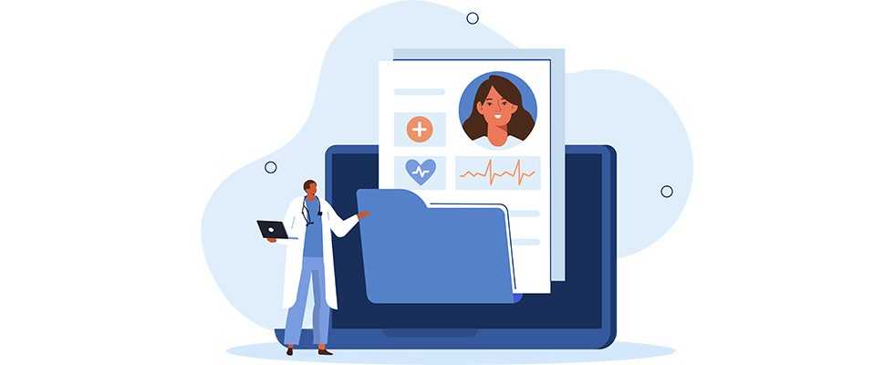 Illustration of a doctor looking at someones patient files on their computer