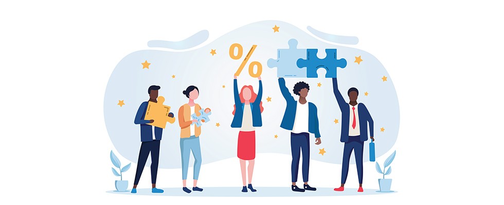An illustration of five people, two of which are hold puzzle pieces stuck together, two are holding single puzzle pieces in their hands, and one is holding a percent sign.