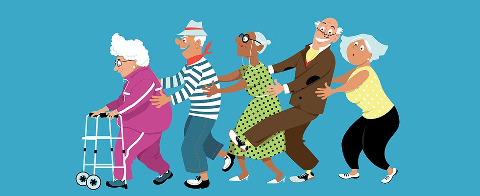 funny drawing of seniors dancing in a conga line