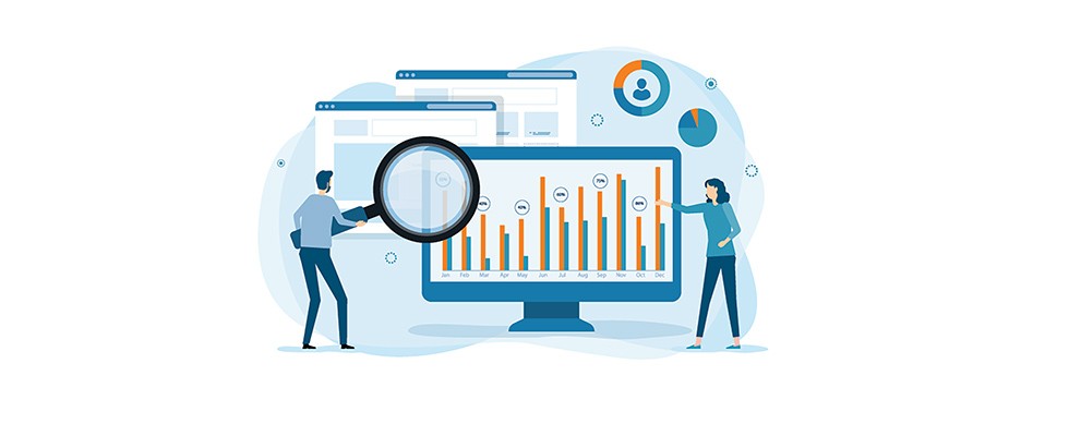 Illustration of magnifying glass and computer screen with data