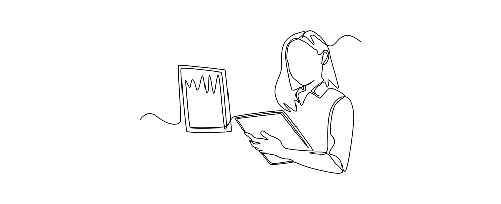 Single line illustration of woman looking at a clipboard with chars and graphs around her.