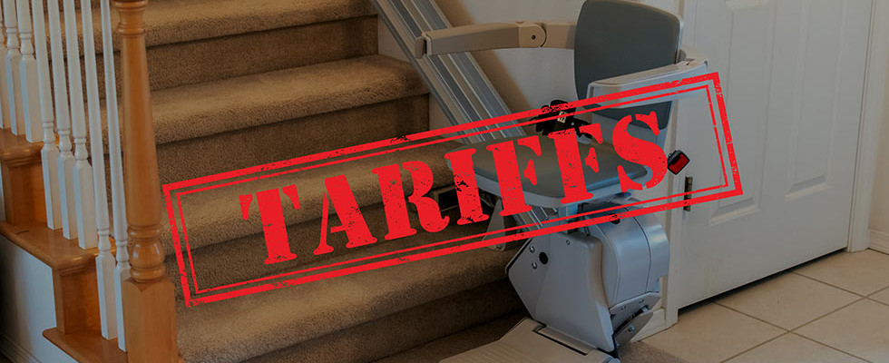A lift-chair at the base of some stairs with a large stamp that says "TARIFFS" in the forefront.
