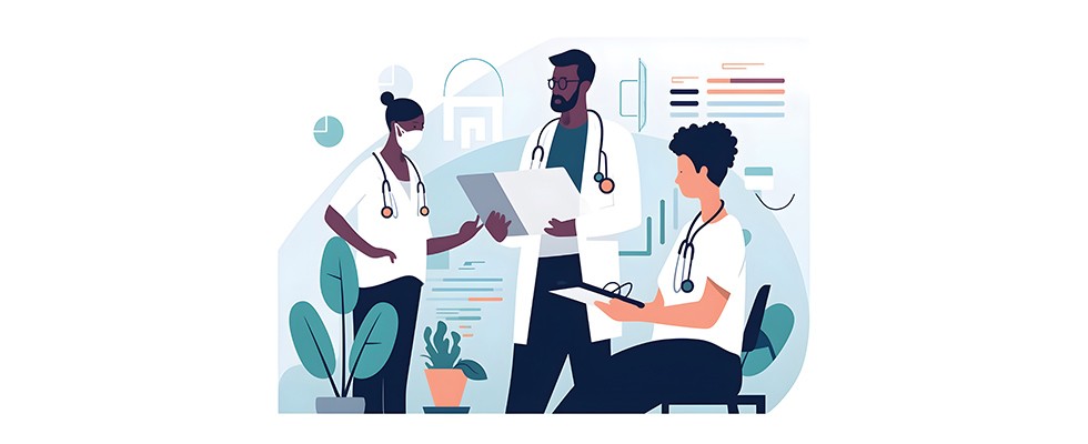 Illustration of three different health care workers with charts and data around them.