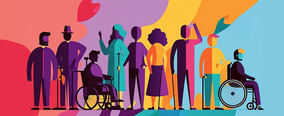 A multi-colored (red, pink, purple, yellow, orange, and blue) illustration of people with various disabilities. 