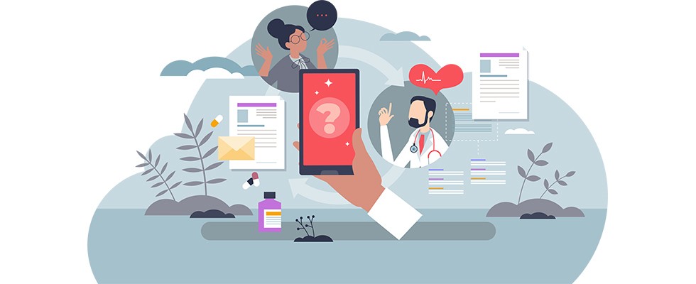 A graphic of health professionals reviewing and sending files digitally