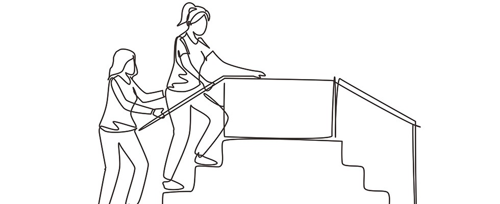 line drawing of two women. One woman is walking up a set of stairs for physical therapy.