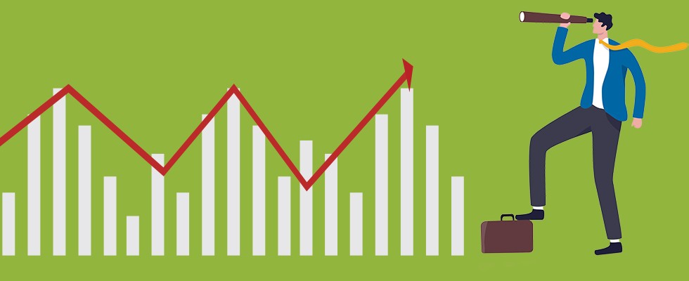 A bar graph with ups and downs and a red arrow marking the peaks and lows of the graph. A man stands to the right of the graph looking through a telescope at the graph with one foot on a briefcase as if looking at mountains. 