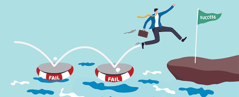 cartoon businessman jumping from rafts that say fail to an island that says success