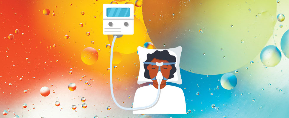 A graphic with a rainbow background and a sleeping person wearing a ventilation mask in the center