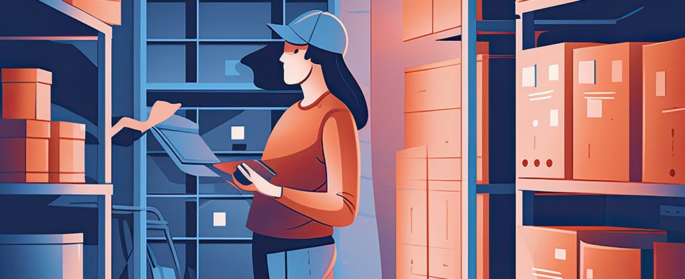 Illustration of Woman in a back storage room logging boxes