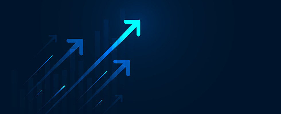 A dark blue background with three light blue arrows pointing upward