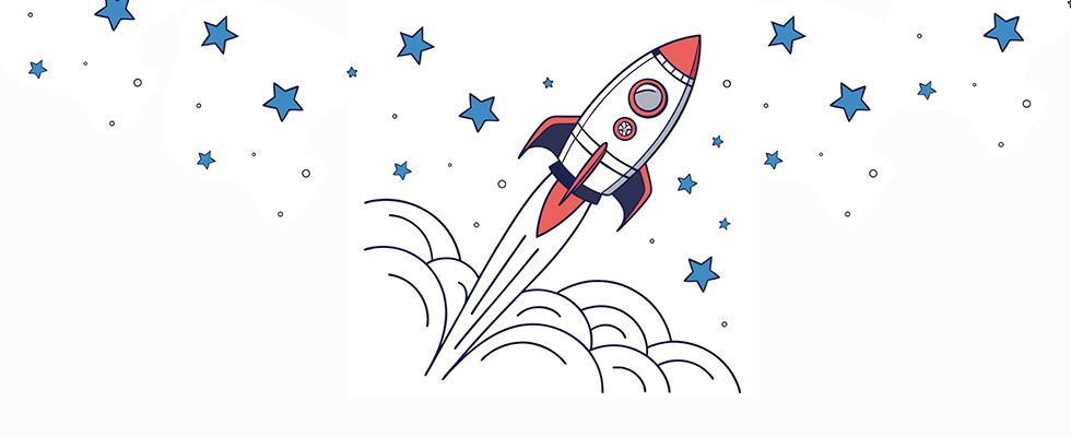 A cartoon of a rocket ship flying into the stars
