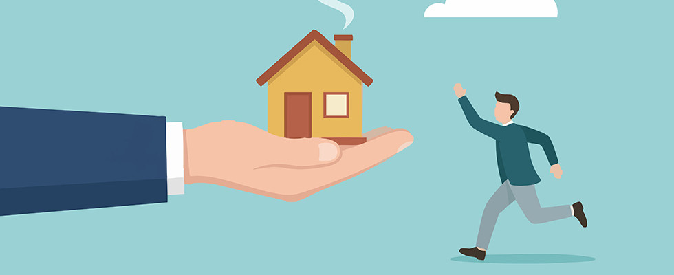 A cartoon graphic of a large hand holding a small house while a small figure of a man runs towards it