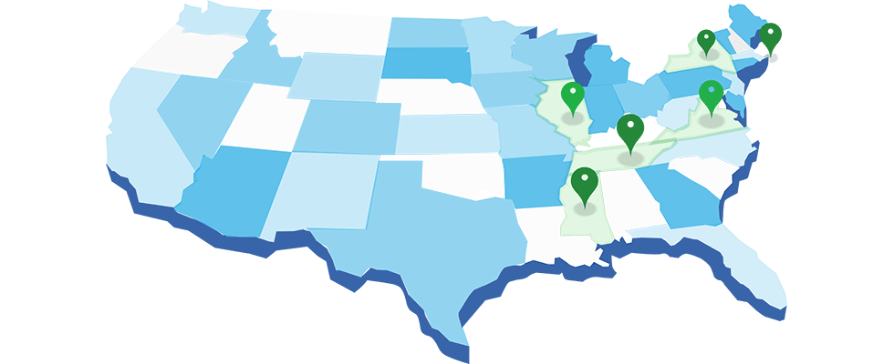 Blue and white map of the United States with some states highlighted in green