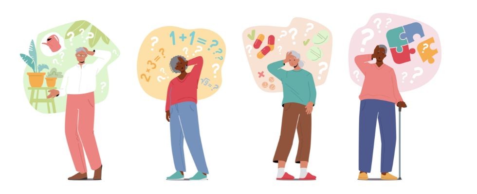 illustration of older adults forgetting things such as watering plants, numbers, pills and more