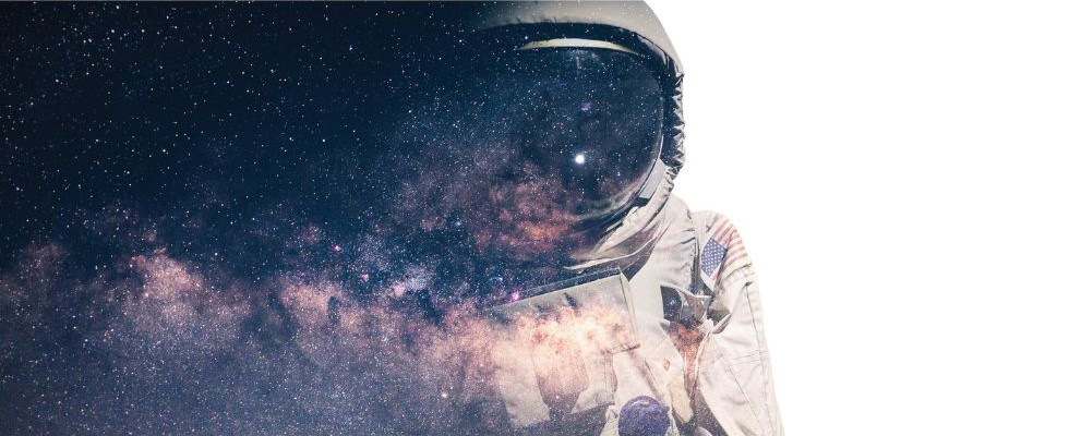 A graphic of an astronaut in space. Stars and galaxies on the left, the right side is blank.