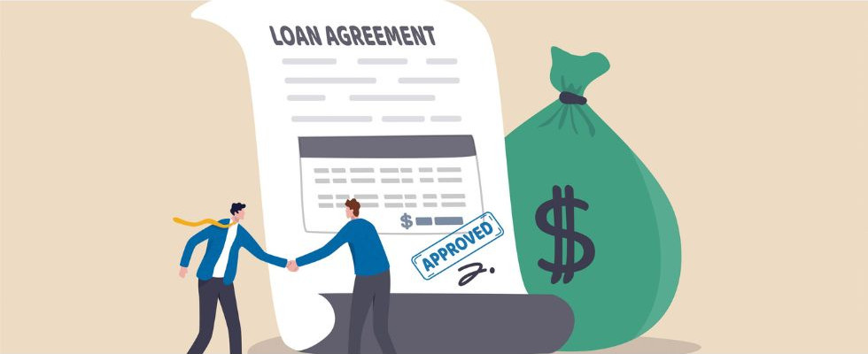 Graphic of two people shaking hands over a loan agreement with a bag of money in the background.