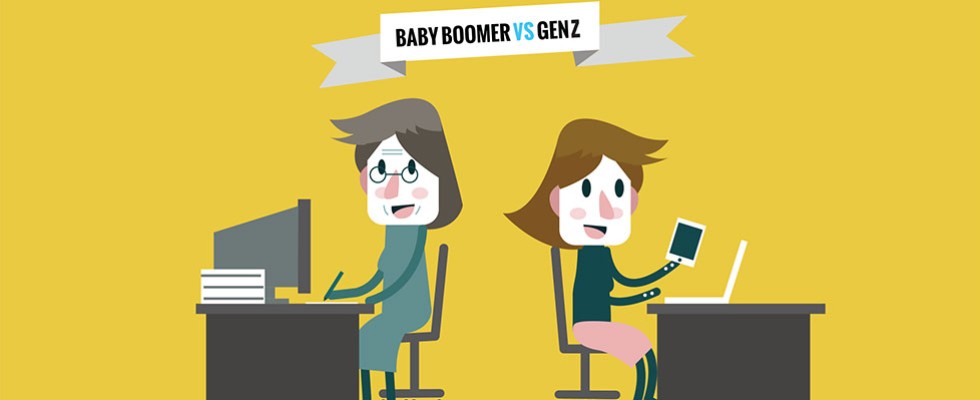 cartoon showing baby boomer and get z working