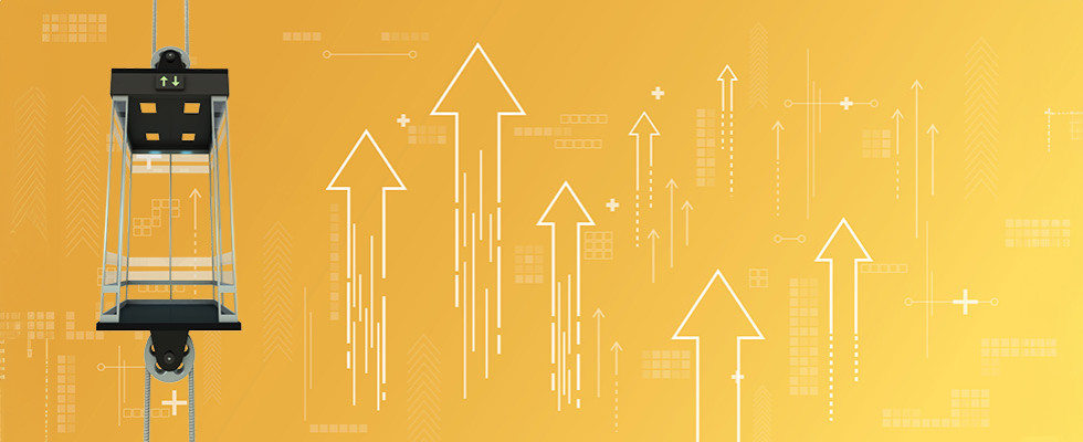 A graphic of a bright yellow background with a photo of an elevator rising 
